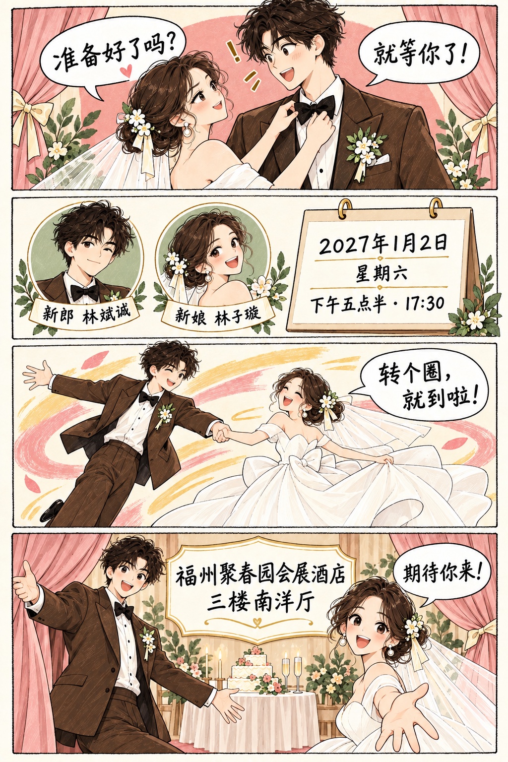 新郎林斌诚,新娘林子璇。2027年1月2日星期六,下午五点半,福州聚春园会展酒店三楼南洋厅,期待你来。