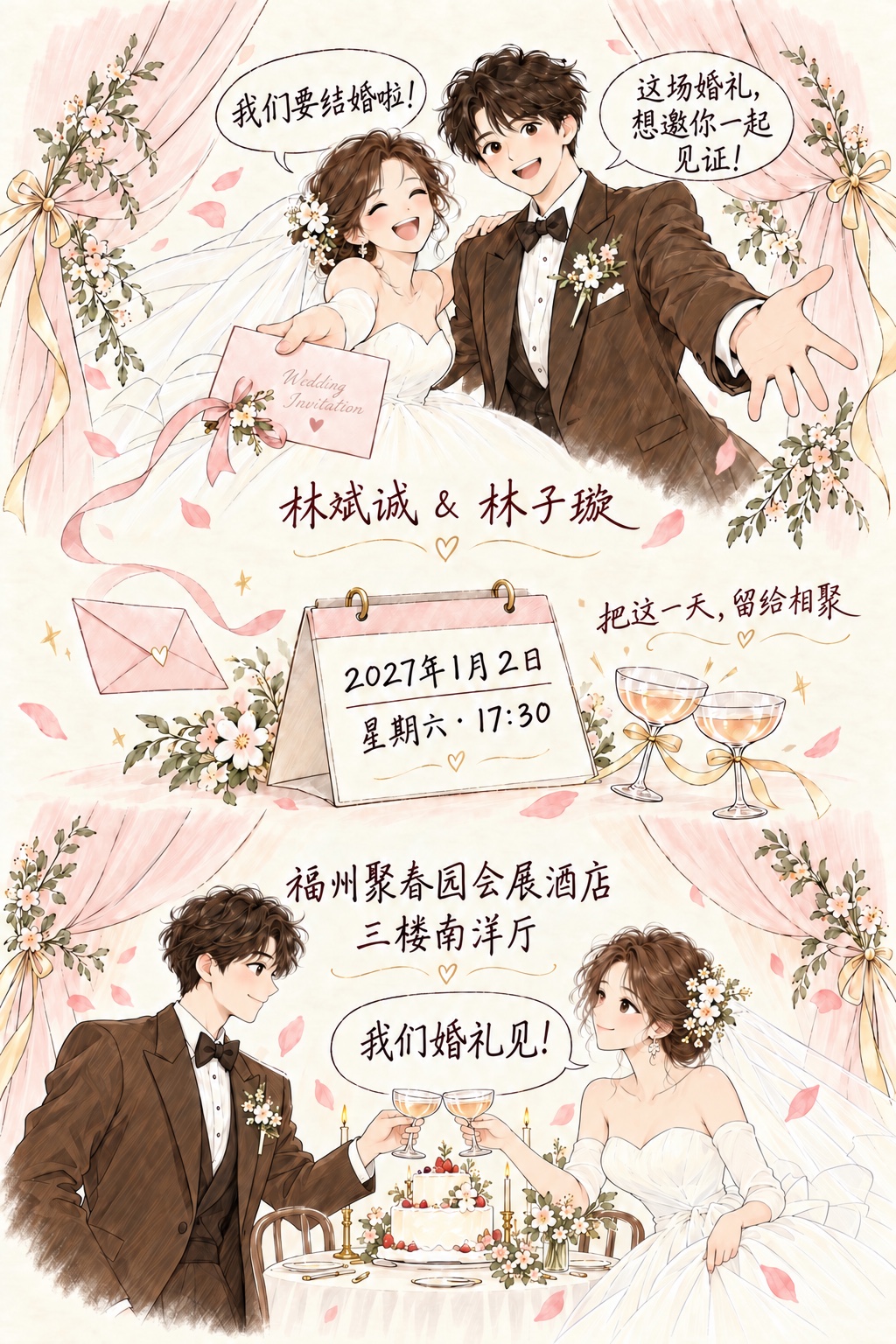新郎林斌诚，新娘林子璇。2027年1月2日星期六，下午五点半，福州聚春园会展酒店三楼南洋厅，期待你来。